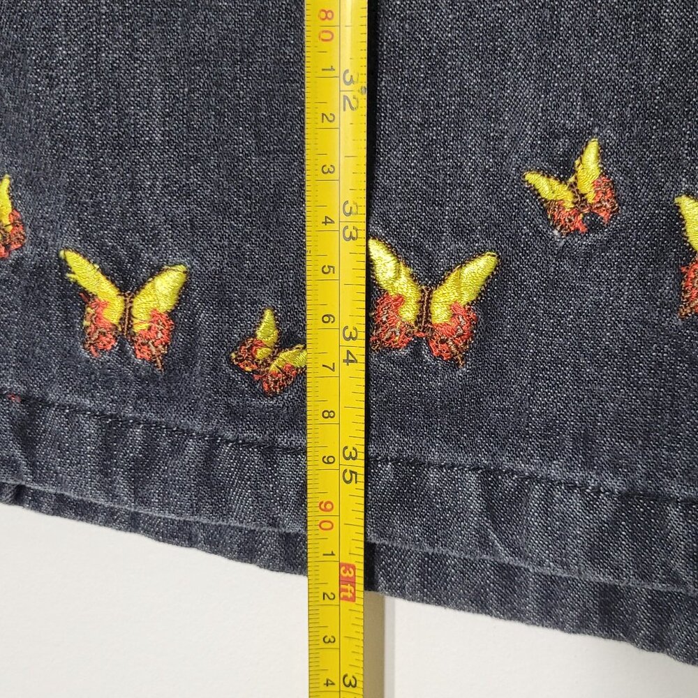 Fancy Denim Vintage Black 100% Cotton Butterfly Embroidered Denim Skirt Large - Picture 10 of 12